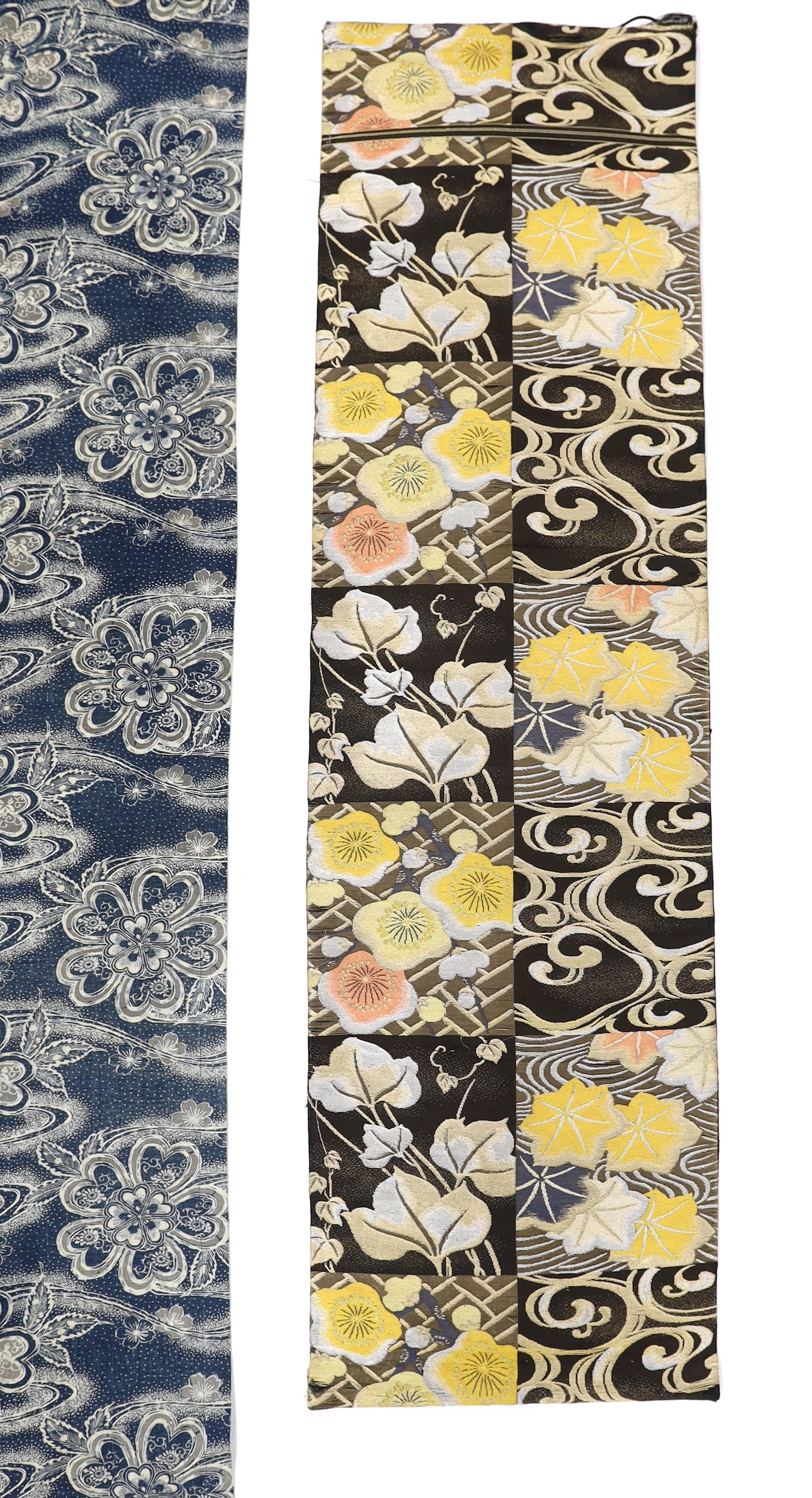 A Japanese blue-printed banner and part of a Japanese silk brocade Obi converted to a hanging, Obi 110cm long, (2)